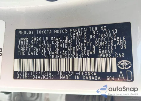 2014 Toyota Corolla Le z USA, uszkodzony, nr VIN 2T1BURHE5EC091717
